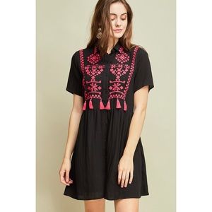 Black Pink Bohemian Dress Embroidered Tassels
